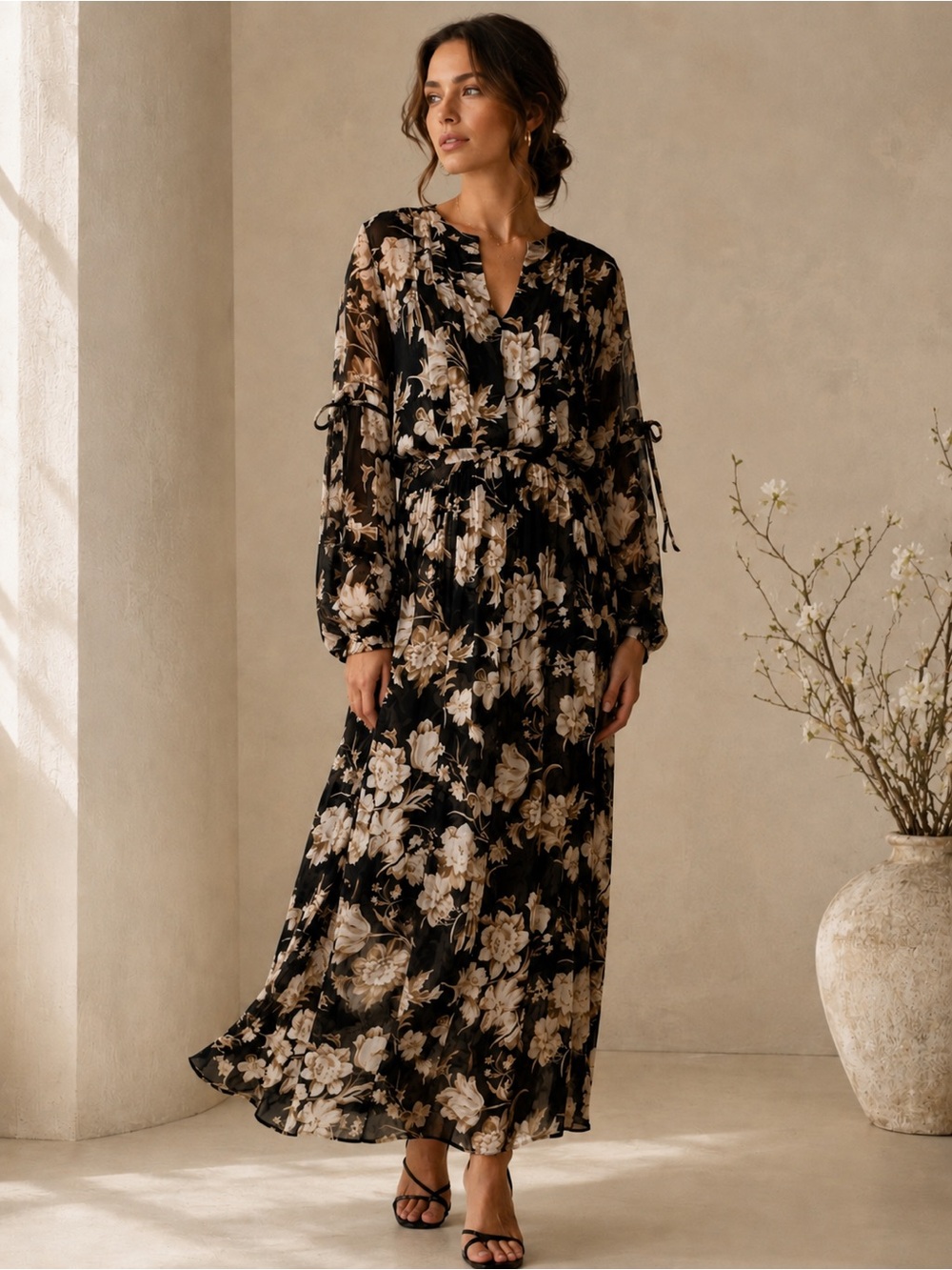 The Kooples Floral Maxi Dress Black Cream Long Sleeve Boho Size M